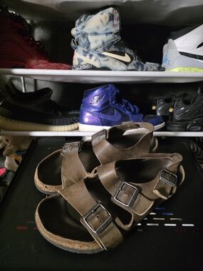 🔥🥵 Worn! Birkenstock Brown Leather Two-Strap Cork Footbed Men Size 10 Sandals